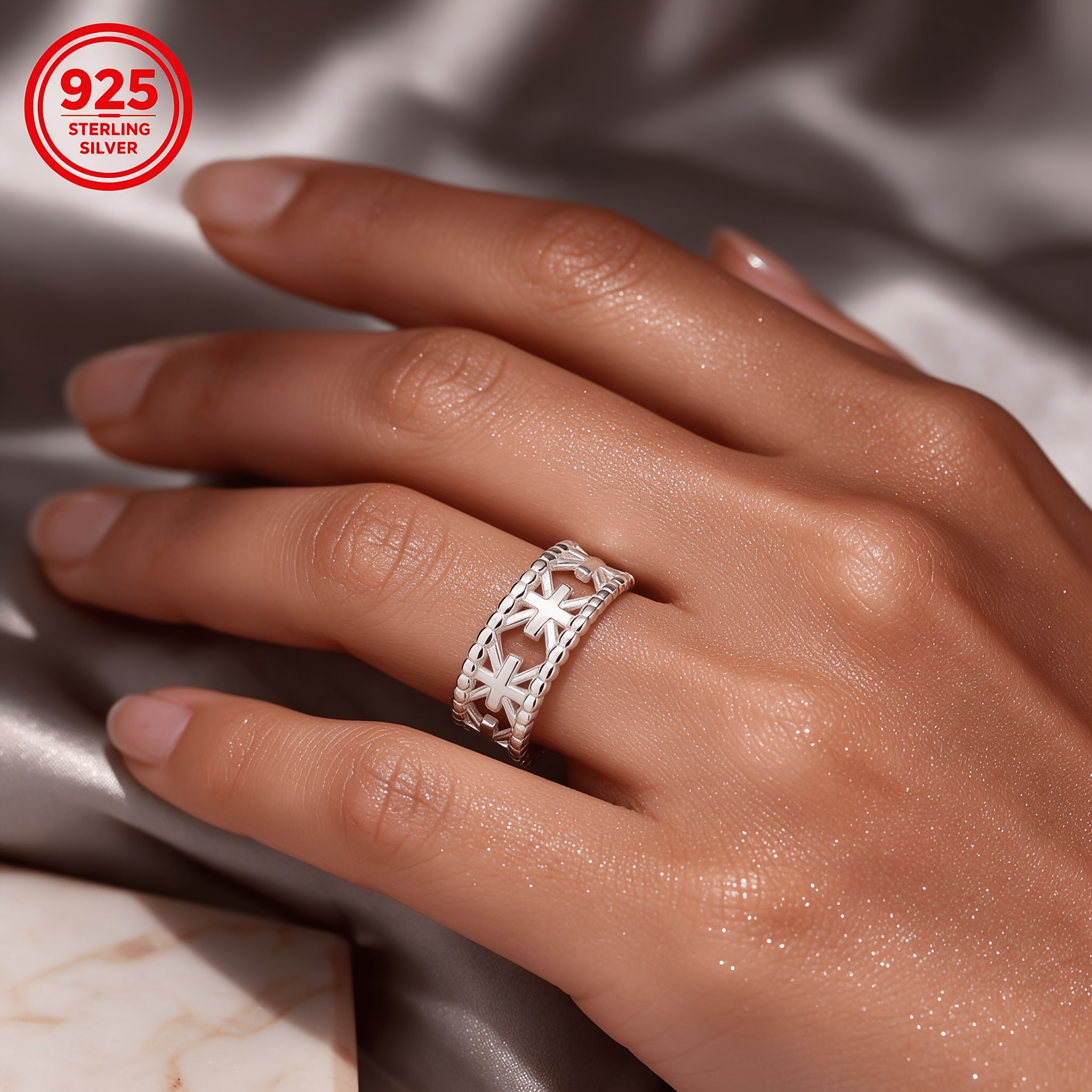 Women's 925 Silver Hypoallergenic Adjustable Open Cross Ring